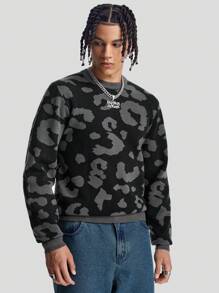 Manfinity VCAY Men's Leopard Print Crew Neck Sweater, For Fall Winter - Black - View 1