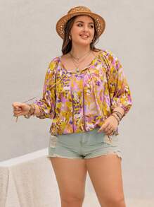 Rusttydustty Bohemian Style Loose Plus Size Women's Vacation Beach Top Blouse - Purple - View 4
