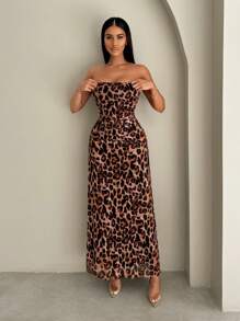 Zolique Women's Summer Leopard Print Side Slit Hem Strapless Dress - Coffee - View 5