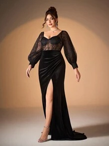 Mgiacy Plus Size Solid Sweetheart Neckline Floral Sequin Lace Drawstring Sheer Cup Velvet Patchwork High Slit Ruffle Hem Long Formal Dress (Heavy Embroidered Design), Gala/Ball Gown - Black - View 1