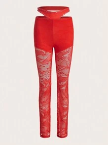 SHEIN X KeniaOs SHEIN ICON Cut Out Waist Rhinestone Detail Skinny Pants - Orange - View 1