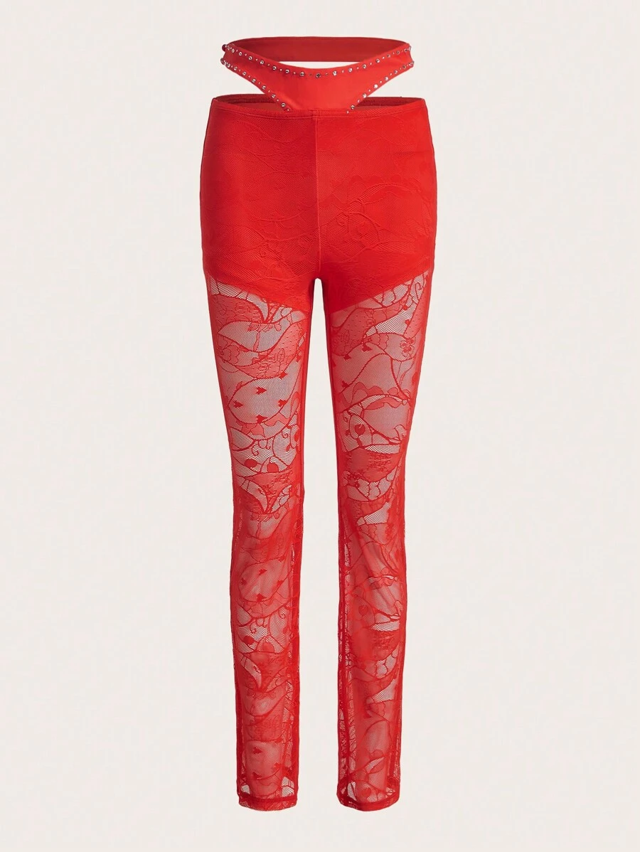 SHEIN X KeniaOs SHEIN ICON Cut Out Waist Rhinestone Detail Skinny Pants - Orange - View 1