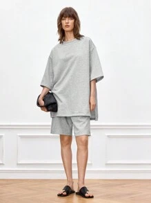 Manfinity INSISELF 2pcs Men's Loose Fitting Casual Round Neck 7/8 Sleeve T-Shirt And Straight Hem Shorts Set, Summer