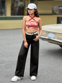 SHEIN 少女黑色口袋细节宽松休闲阔腿牛仔裤 - 黑色 - 查看 3