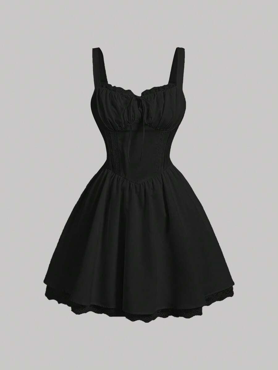 SHEIN MOD White Front Contrast Panel Lace Splice Backless Tied Crop Dress - Black - View 1