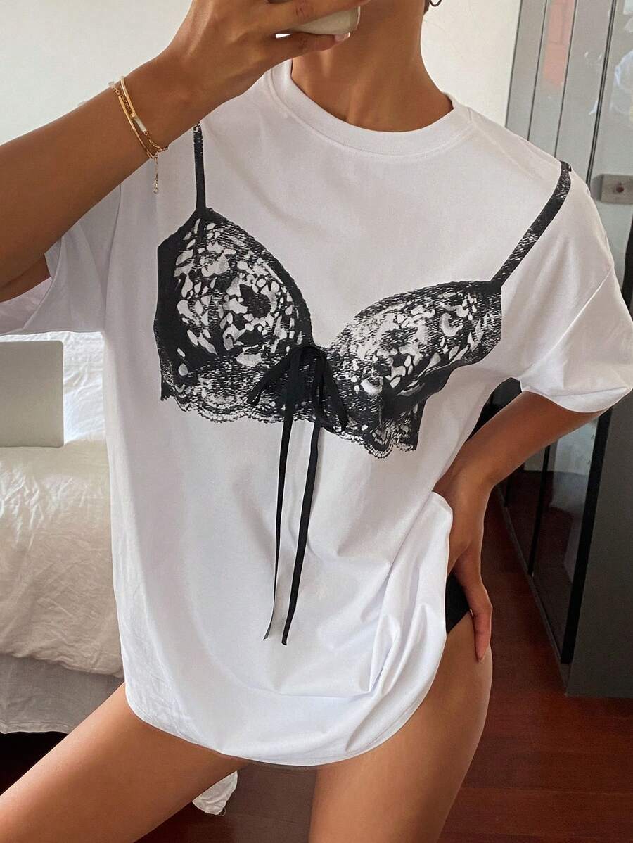 Livesso Women's Round Neck T-Shirt With Printed Design And Front Tie, Daily Casual Stylish Graphic Tee - White - View 1