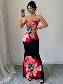 Elenzga 优雅花卉印花紧身连衣裙，夏季长款女装