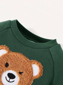 Cozy Pixies Set 2 món bé trai áo nỉ cổ tròn thêu hình gấu dễ thương và quần ống túm - màu xanh lá - Xem 3