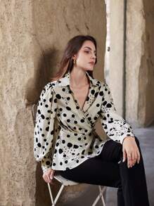 SHEIN Privé Áo kiểu tự buộc cổ chữ V chấm bi ngẫu nhiên thiết kế tôn dáng - Nhiều màu - Xem 3