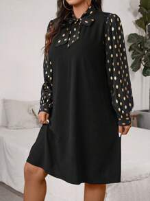 SHEIN Clasi Vestido casual de manga larga con estampado de lunares y decoración de moño para mujeres de talla grande