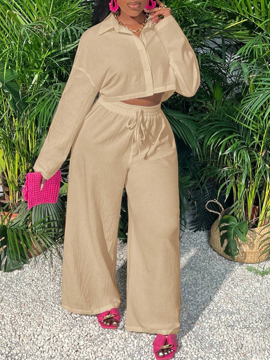 Slaydiva Bộ 2 món áo croptop dài tay màu trắng dáng rộng thoải mái dành cho nữ và quần ống rộng. - Màu be - Xem 1