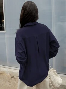 DAZY 1 件纯色长袖休闲商务衬衫，秋季女装 - 藏蓝色 - 查看 2