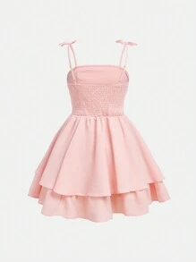 SHEIN Girlism Teen Girl Solid Color Ruched Bubble Ruched Layered Hem Casual Strap Dress Holiday Outfits - Baby Pink - View 2