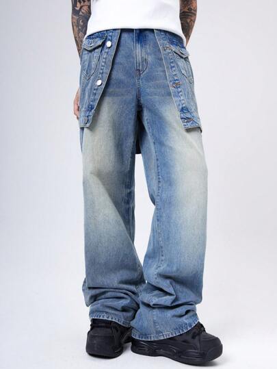 Manfinity Denimwave 复古 Y2K 街头风格复古水洗蓝色宽松破洞牛仔裤，适合男士、丈夫、男朋友的礼物