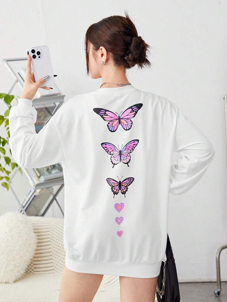 Teen Girls' Knitted Sweatshirt With Butterfly And Heart Print On Back