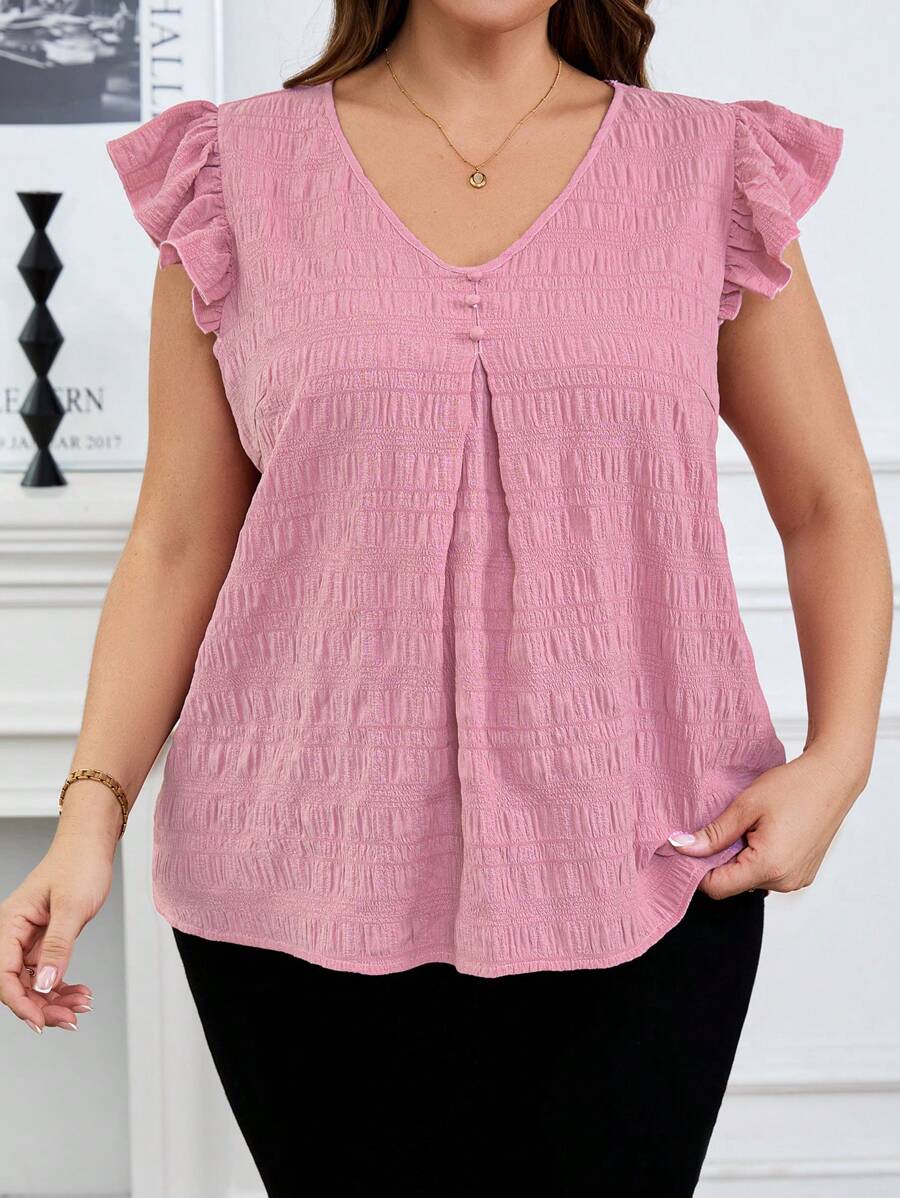SHEIN Clasi Plus Size Women's Summer Solid V-Neck Ruffle Sleeve Casual Light Pink Shirt Blouse