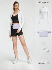 GLOWMODE طقم صهريج أنشطة قصير ظهر على شكل حرف U والشورت بسيطرة على البطن 4.3 بوصة، مناسب للتدريبات اليومية واليوجا منخفضة الأثر - الأسود - مشاهدة 9