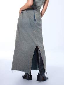 MUSERA 牛仔水洗长款半身裙，90年代春季性感夏季度假节风 - 灰色 - 查看 2