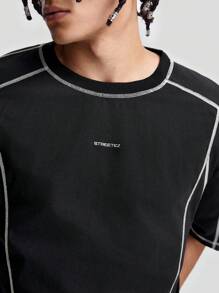 AXEPEAK Men Embroidery Graphic Round Neck Short Sleeve Knitted T-Shirt, Summer, Fashion, Boyfriend Gift, For Going Out, Streetwear Style, Emo - Black - View 6