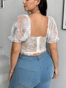 SHEIN Privé 大码女式优雅蕾丝边透明紧身胸衣上衣 - 白色 - 查看 2