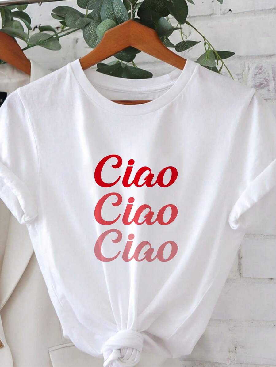 SHEIN Essnce Ciao T 恤,Ciao 衬衫,Ciao 意大利衬衫,Ciao 女士或中性时尚 T 恤,休闲简约“CIAO”图案圆领短袖女士 T 恤,适合夏季 - 白色 - 查看 1