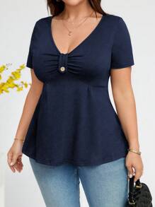 DreamSkyne Plus Size Women's Solid V-Neck Short Sleeve Ruffle Casual T-Shirt, Summer - Navy Blue - View 5