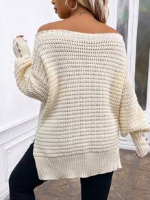 SHEIN LUNE Plus Size Women's Solid Color Asymmetrical Neck Lantern Sleeve Loose Casual Pullover Sweater For Winter Knit Pullover Fall - Apricot - View 2