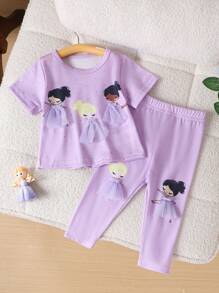 SHEIN 女宝宝卡通印花圆领短袖上衣和松紧腰裤休闲装 - 紫色 - 查看 5