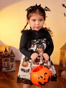Sukienka dla dziewczynki jesień zima halloween nadruk siateczka kontrast elegancka swobodna, na imprezę halloweenową - Wielokolorowe - Zobacz 4