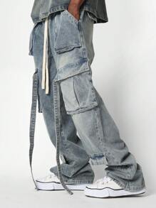 SUMWON Washed Faded Baggy Fit Pull On Multi Pocket Cargo Jean - Blue - View 2