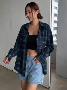 DAZY 女士宽松落肩长袖格子衬衫，春秋季，长袖上衣，法兰绒女装，秋季女装 - 綠色 - 查看 5