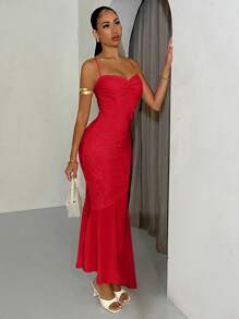 SHEIN BAE 女士无袖纯色优雅蕾丝修身鱼尾毕业礼服、伴娘礼服、婚礼派对礼服 - 紅色 - 查看 3