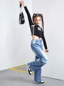 SHEIN Explorewe Tween Girls Flared Jeans With Multiple Large Pockets And Workwear Style - Medium Wash - View 4