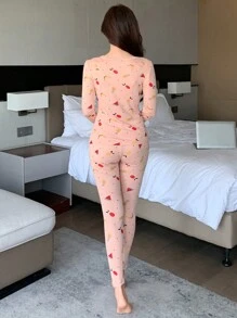 DAZY 可爱水果图案印花长袖修身睡衣套装 - 粉色 - 查看 2