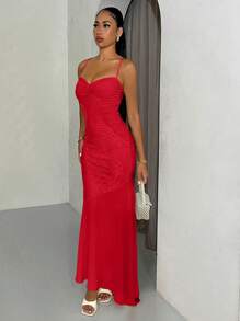 SHEIN BAE 女士无袖纯色优雅蕾丝修身鱼尾毕业礼服、伴娘礼服、婚礼派对礼服 - 紅色 - 查看 4