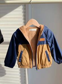 SHEIN 卡其色和海军蓝双色拉链连帽夹克，带口袋，厚实保暖内衬，适合休闲穿着、居家、户外活动和雪地玩耍 - 适合男婴、秋冬季 - 彩色 - 查看 4