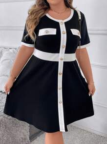 SHEIN CURVE+ Plus Size Women's Color Block Short Sleeve Round Neck Dress - Black and White - View 7