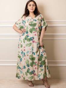 Seusyu Vestido de Verão com Manga Morcego e Estampa Floral Plus - Verde - Ver 3