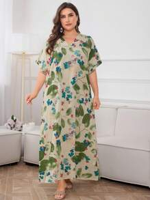Seusyu Vestido de Verão com Manga Morcego e Estampa Floral Plus - Verde - Ver 7