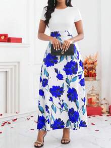 SHEIN Lady Vestido corto de manga corta con cuello redondo y estampado floral azul para mujer - Blanco - Ver 6