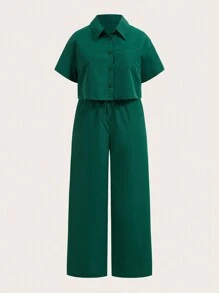 SHEIN Conjunto de camisa de manga corta holgada y casual de unicolor y pantalones anchos para niñas preadolescentes con bolsillos de parche