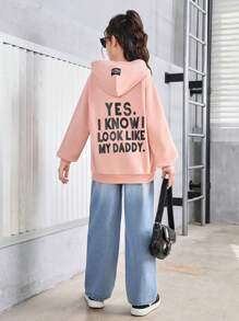 SHEIN Tween Girls' Simple Street Style Knit Pullover Hoodie - Baby Pink - View 6