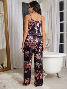 花卉印花仿丝吊带上衣和裤子睡衣套装