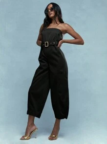 MISSGUIDED Embroidered Logo Zip Closure Bandeau Jumpsuit With Belt - Black - View 5