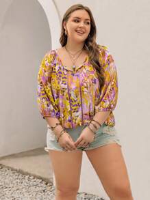 Rusttydustty Bohemian Style Loose Plus Size Women's Vacation Beach Top Blouse - Purple - View 6