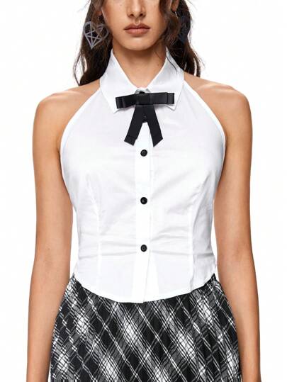 Goth Blusa ceñida con cuello de lazo sin mangas de estilo universitario para mujeres