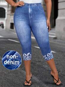 EMERY ROSE Plus Denim-Effect & Floral Print Summer Outfits Leggings,Spring - Blue and White - View 1
