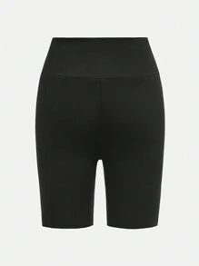 SHEIN Tween Girls' Casual V-Waist Threaded Biker Shorts - Black - View 3