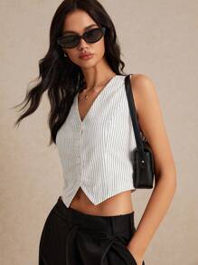 Poéselle 条纹印花单排扣背心西装外套，女士优雅西装外套，女士条纹西装外套，女士薄款西装外套，无袖西装外套，办公室服装，女士工作服 FW24 - 白色 - 查看 2