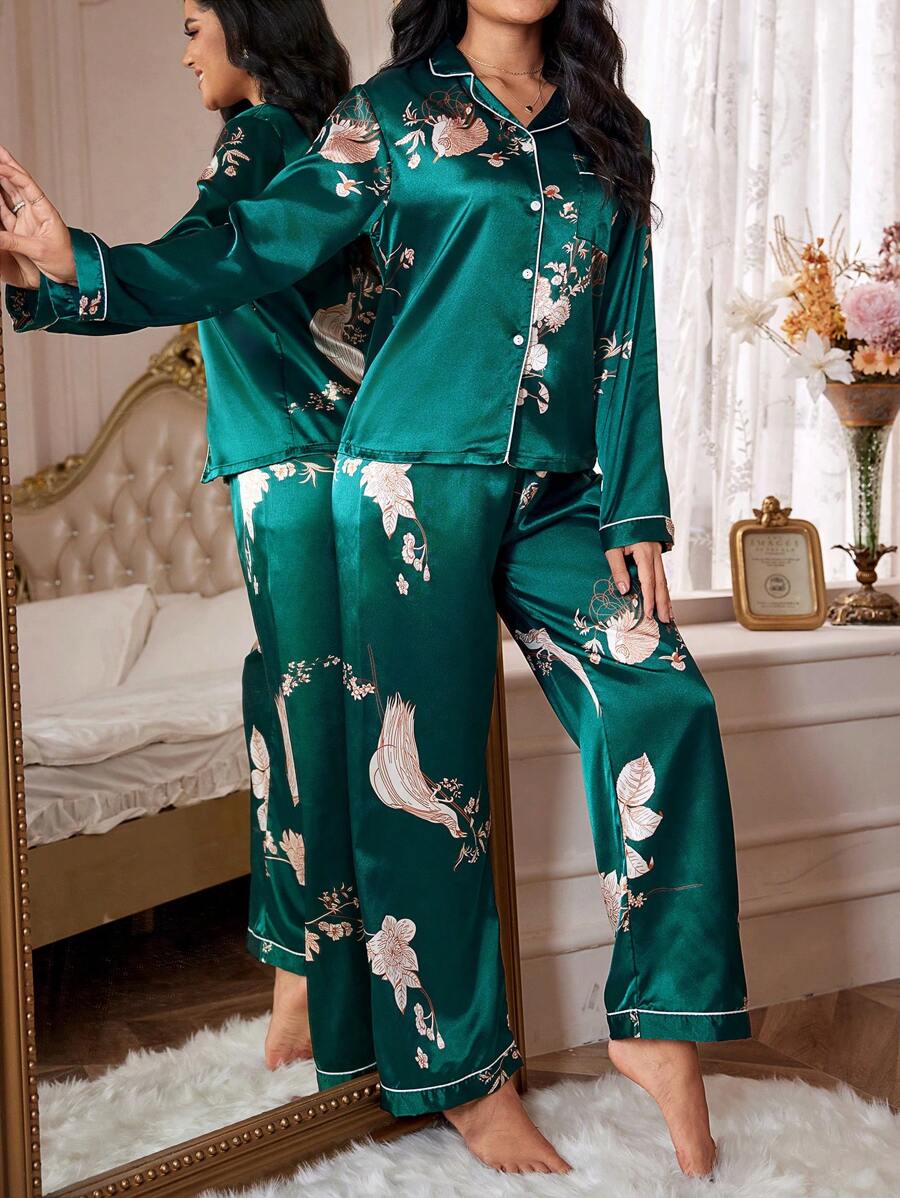 LuxeNights Floral Print Contrast Piping Satin PJ Set / Pajama Set, Fall Winter Clothes